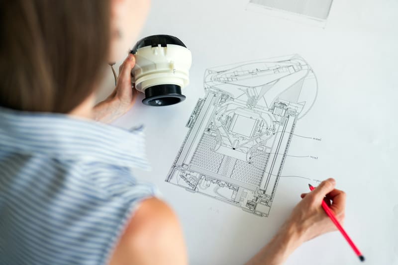 A woman checking a prototype against a blueprint — licensed illustration, not a person in the BLS count. Dixie County, Florida.